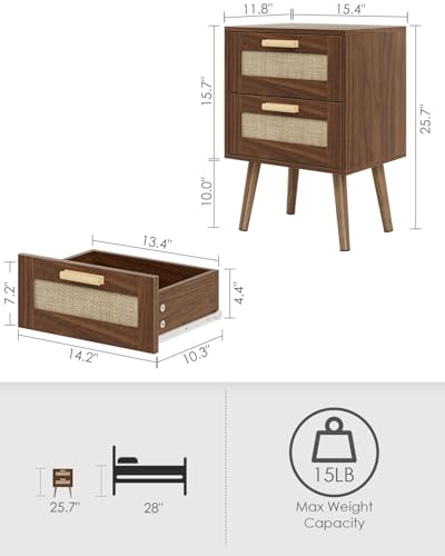 Masupu Rattan Night Stand, Modern nightstand Boho Bedside Table with 2 Drawer, Small End Side Table for Bedroom, Living Room, Office, Walnut - color: Walnut