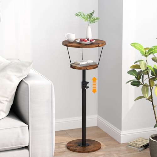Small Side Table, 2 Tier Drink Table, Height Adjustable Round End Table, Pedestal Side Table for Small Spaces in Living Room, Bedroom, Brown - color: Brown-2 Tier