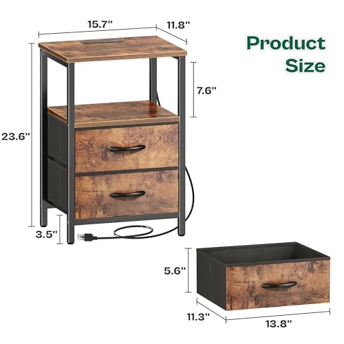 Huuger Night Stand with Charger Station and LED Lights, 2 Drawer Nightstand, Bed Side Table with Open Shelf, End Table, Fabric Dresser for Bedroom, Rustic Brown - color: Rustic Brown, size: 11.8"D x 15.7"W x 23.6"H（2 Drawers）