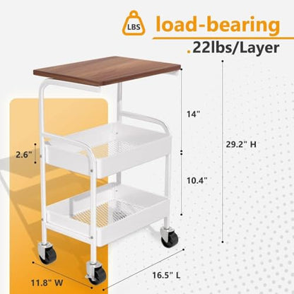 Rolling Cart with Wooden Tabletop, 3 Tier Metal Utility Cart, Rolling Storage Organizer Cart with Lockable Wheels for Kitchen, Office, Bedroom (White) - color: White