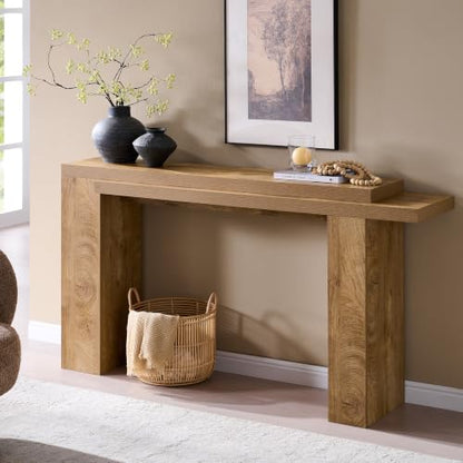 OKD 63" Modern Geometric Console Table with Layered Top, Light Tree Knot | Extended Layered Top, Sturdy Support Legs, Entryway, Hallway, Foyer, Living room, Behind Sofa - color: Light Tree Knot
