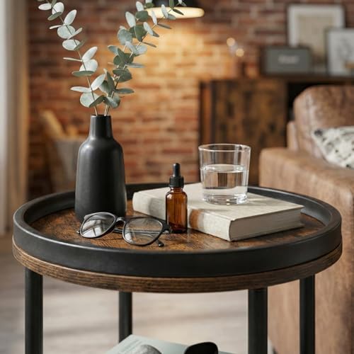 Small Round Side Table with Tray Top, Rustic Brown | Patented Design, 11.8" Narrow End Table for Small Spaces, 3-Tier Industrial Accent Table for Living Room Bedroom Nightstand - color: Rustic Brown, style: Classic