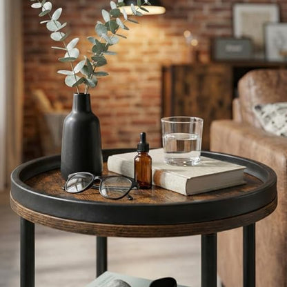 Small Round Side Table with Tray Top, Rustic Brown | Patented Design, 11.8" Narrow End Table for Small Spaces, 3-Tier Industrial Accent Table for Living Room Bedroom Nightstand - color: Rustic Brown, style: Classic