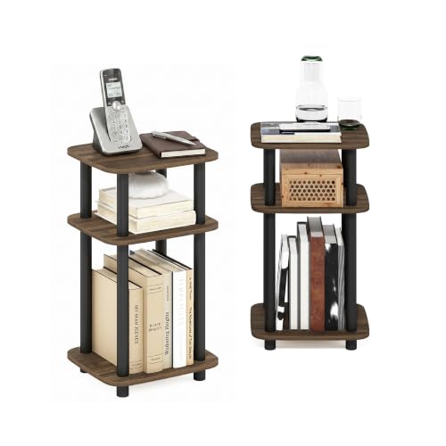 Furinno JUST 3-Tier Telephone Table Set of 2, Turn-N-Tube Toolless Side Table with Open Shelf, Round Curve Corner Night Stand, Bedside Table, for Living Room, Bedroom, Columbia Walnut - color: Columbia Walnut/Black, size: 2-Pack, Plastic Frame, 3-Tier