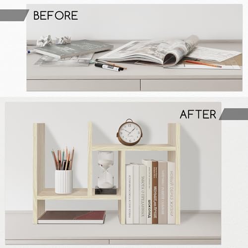 Jerry & Maggie Desktop Organizer Office Storage Rack Adjustable Wood Display Shelf Free Style Double H, Multi-Functional Mini Bookshelf for Desk Natural Stand (White Wood Tone) - color: White Wood Tone
