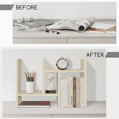 Jerry & Maggie Desktop Organizer Office Storage Rack Adjustable Wood Display Shelf Free Style Double H, Multi-Functional Mini Bookshelf for Desk Natural Stand (White Wood Tone) - color: White Wood Tone