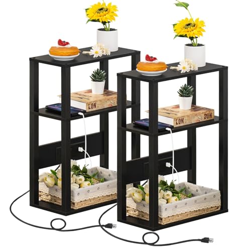 YUFAM 3-Tier Small Narrow Wood Side Table Set of 2 with Charging Station - Skinny Nightstand for Small Spaces, Slim Bedside Table with USB Ports and Outlets - Thin End Table with Storage, Black - color: Black, size: 2 Pack