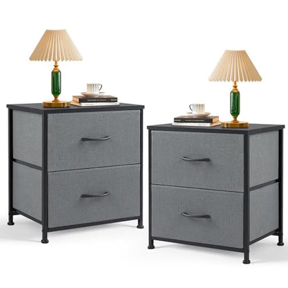Nightstand Set of 2 Small 2 Drawer Dresser End Table Bedside Furniture | Wooden Top Fabric Bins for Bedroom, Closet, Entryway, Dorm, 11.8" D x 18" W x 20", Gray - color: Grey