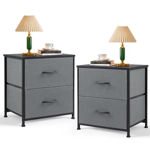 Nightstand Set of 2 Small 2 Drawer Dresser End Table Bedside Furniture | Wooden Top Fabric Bins for Bedroom, Closet, Entryway, Dorm, 11.8" D x 18" W x 20", Gray - color: Grey