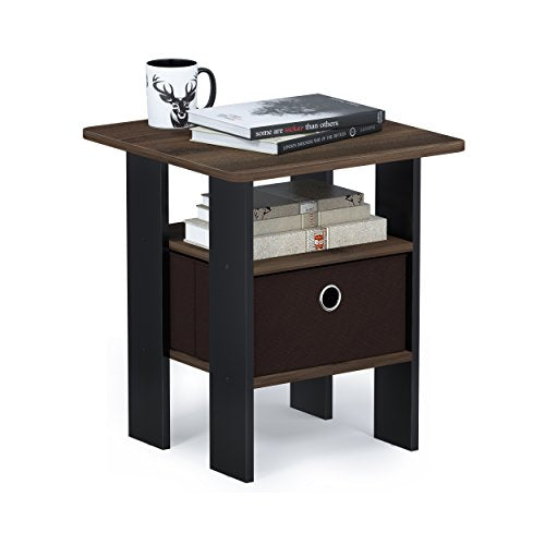 Furinno ANDREY Square Side Table, End Table, Night Stand, Columbia Walnut | Open Shelves and Storage Bin, Bedside Table, for Living Room, Bedroom - color: Columbia Walnut/Dark Brown, size: 1-Pack, Center Bin