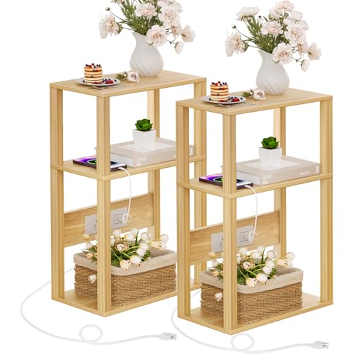 YUFAM 3 Tier Small Narrow Wood Side Table Set of 2 with Charging Station - Skinny Nightstand for Small Spaces, Slim Bedside Table with USB Ports and Outlets - Thin End Table with Storage, Natural - color: Natural, size: 2 Pack