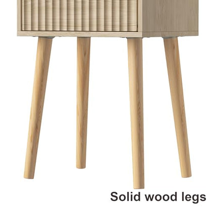 LAATOOREE Nightstand Set of 2, Small Bed Side Table with Fluted Door | End Table with Solid Wood Legs, Mid-Century Bedside Table for Bedroom Small Space - color: Natural, style: Fluted Style