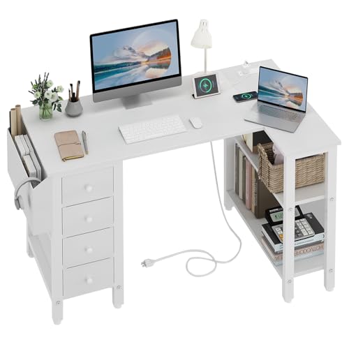 Lufeiya White L Shaped Computer Desk with Drawers & Storage Shelves, 47 Inch Corner Reversible Desk with Power Outlet for Home Office Bedroom, L-Shaped Teen PC Desks with Fabric Drawer, White - color: White, size: 47.2"