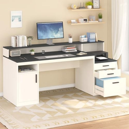 YOMILUVE 65 Inch Computer Desk with 3 Drawers & Storage Shelves, Executive Desk with File Drawer & Cabinet, Home Office Desk with Long Monitor Stand & Printer Shelf, Black & White - color: Black & White