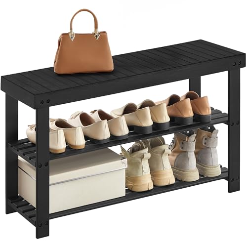 SONGMICS Shoe Rack Bench, 3-Tier Bamboo Shoe Storage Organizer, Entryway Bench, Holds Up to 286 lb, 11.3 x 35.4 x 17.8 Inches, for Entryway Bathroom Bedroom, Ink Black ULBS90B33 - color: Ink Black, size: 35.4"W
