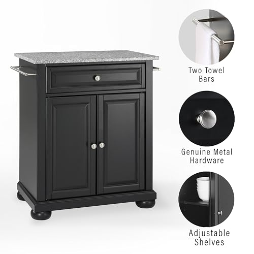Crosley Furniture Alexandria Granite Top Small Portable Rolling Kitchen Island Storage Cart, Microwave Stand, Black - color: Black, style: Solid Grey Granite Top