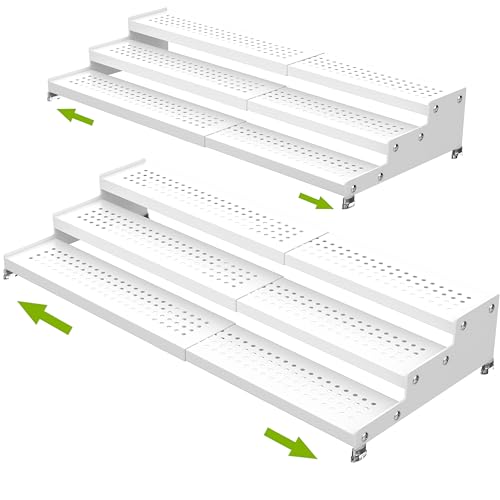 Jojocross Spice Rack Organizer for Cabinet, 3 Tier Expandable Shelf, Great for Kitchen Cabinets, Cupboard,Pantry and More,Metal Plate with Hole (2 Packs/White,9.45" D x 12.8"~24“L x 3.56" H) - color: White, size: 2 Packs, 9.45" D x 12.8" ~ 24" L x 3.56" H