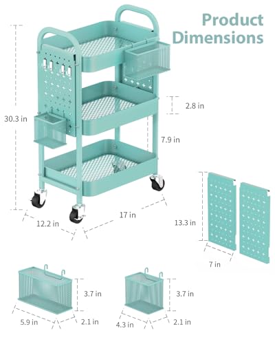 ALVOROG 3 Tier Rolling Cart with DIY Pegboards Metal Utility Cart with Wheels Handles Baskets Hooks, Craft Cart for Office Kitchen Bathroom(Tiffany Blue) - color: Tiffany Blue