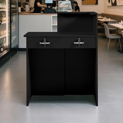 Reception Desk with Counter,Small Front Desk with Two Lockable Drawers,Cable Management Holes,Counter Table for Salon Lobby Office Home (Black) - color: Black