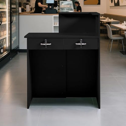 Reception Desk with Counter,Small Front Desk with Two Lockable Drawers,Cable Management Holes,Counter Table for Salon Lobby Office Home (Black) - color: Black
