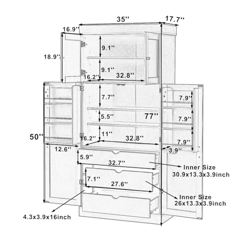 Merax 77'' Tall Freestanding Kitchen Pantry, 35''Lx17.7''W Modern Shaker Style Cupboard Storage Cabinet with Adjustable Shelves,Door Shelves, Drawers and Wine Racks, White - color: White