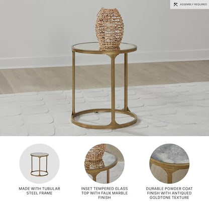 Signature Design by Ashley Korajane Transitional Metal End Table with Tempered Glass Top, Metallic - color: Antique Gold