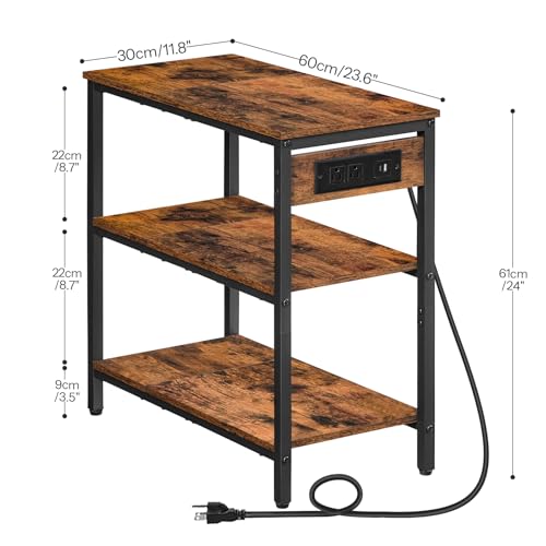 HOOBRO End Table with Charging Station, Side Table with 3 Tier Storage Shelf, Narrow Nightstand for Small Spaces, for Living Room, Bedroom, Easy Assembly, Rustic Brown and Black BF149UBZ01 - color: Rustic Brown + Black