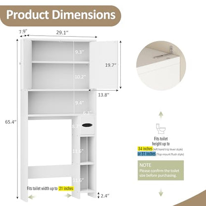 Bathroom Storage Cabinet Over Toilet with Toilet Paper Holder Stand, Freestanding Bathroom Storage Organizer Cabinet Space Saver W/Adjustable Shelf, White - color: White