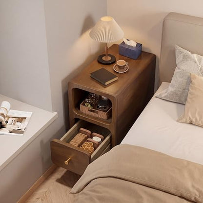 Small Narrow Nightstand with Drawers, Solid Wood Nightstand, Walnut Night Stand, Mid Century Side Table, Modern Bedside Tables for Bedroom (10 inch) - style: Narrow Nightstand