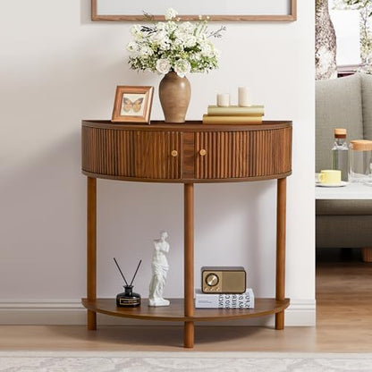 XUZENEST Fluted Half Moon Console Table, Modern Small Entry Sofa Table with Storage, Solid Wood Legs Narrow Entryway Table for Living Room, Hallway, Foyer(Walnut) - color: 31.5 Walnut