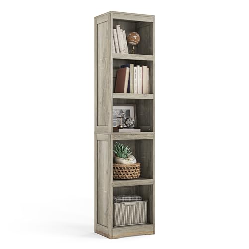 LINSY HOME 5-Shelf Bookcase, Narrow Bookshelves Floor Standing Storage Shelves 68 in Tall Bookcase Home Decor Furniture for Home Office, Living Room, Bed Room - Light Brown - color: Light Brown, size: 5 Shelf Narrow 68.3"H