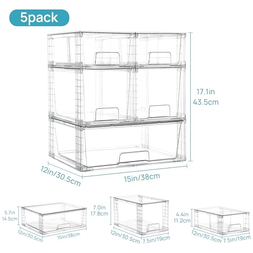 Vtopmart Clear Stackable Storage Drawers, 5 Pack Multi-Size Organizer Set | Wide, Medium and Small Pull-Out PET Drawers with Stackable Design for Cabinets, Closets, Pantry and Bathroom Organization - style: 1 Wide+2 Medium+2 Small