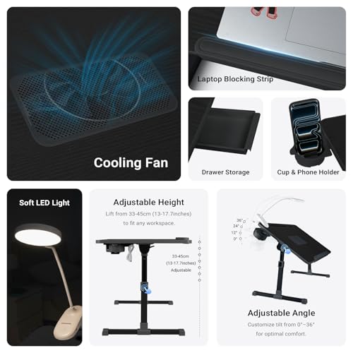 iXTRA Adjustable Laptop Lap Desk with Cooling Fan USB Light for Adults - color: Black,70x45cm