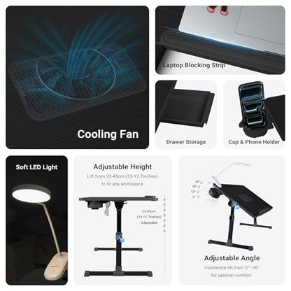 iXTRA Adjustable Laptop Lap Desk with Cooling Fan USB Light for Adults - color: Black,70x45cm