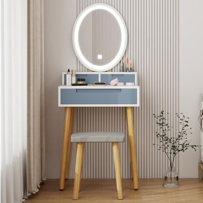 YOURLITE Small Makeup Vanity Desk with Lights, Compact Vanity Desk with Adjustable Brightness Mirror for Small Spaces, Dressing Table with Drawers and Storage Shelves, Grey - size: 24", style: Oval Mirror Grey with shelf