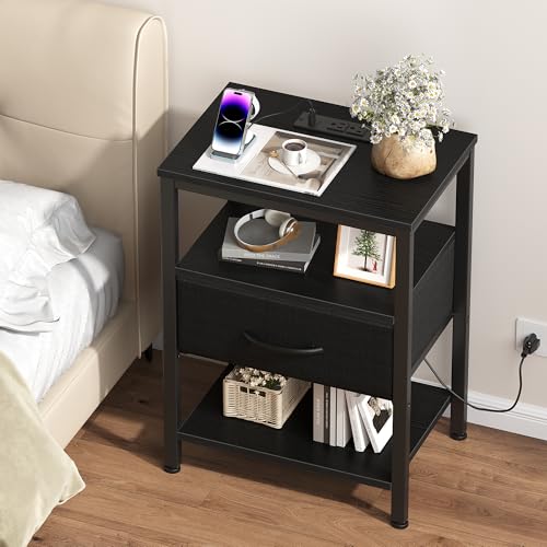 DUMOS Nightstand with Charging Station, Bedside Table with 1 USB-A, 1 USB-C & 2 AC Outlets, Fabric Drawer with Adjustable Open Shelf, Compact End Table for Bedroom, Black - color: Black, size: 15.7"Dx11.8"Wx23.4"H(1 Drawer, 1 Pack)