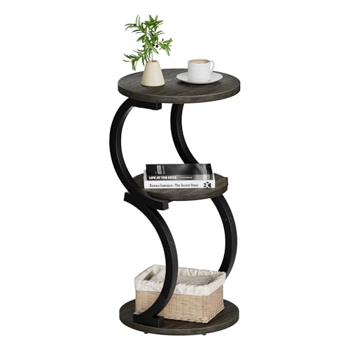 Small Side Table, 3-Tier Round End Table for Small Spaces, Charcoal Grey | S-Shaped Accent Table, Living Room & Bedroom, Beside Sofa, Vintage Nightstand, Wood & Metal Frame, Open Storage - color: Charcoal Grey