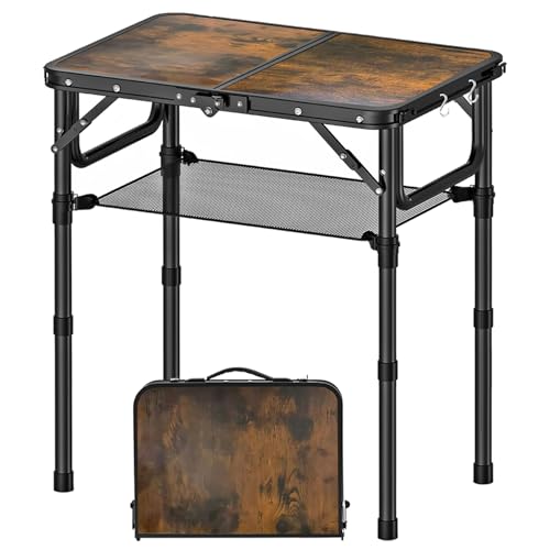 YihuiKo Small Folding Picnic Table with Storage Net, 3 Adjustable Heights 27.5" Aluminum Lightweight Portable Table with Carrying Handle for Camping Travel and Indoor - color: Rustic Burnt Wood, size: 24"L x 16"W x 27"H