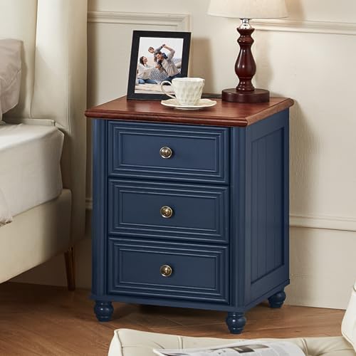 RWYHG 18" Nightstands Set of 2 with Charging Station & 3 Drawers | Farmhouse Modern Night Stand, Blue Bedside Table, Metal Handle, Blue Bed Side End Tables for Bedroom Living Room - color: Navy Blue, size: 18"D x 18"W x 24"H (3 Drawers)