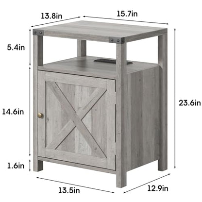 Fameill Nightstands Set of 2, Night Stand with Charging Station, Bed Side Table with Storage Cabinet, Farmhouse End Table for Living Room with USB Ports and Outlets, Gray