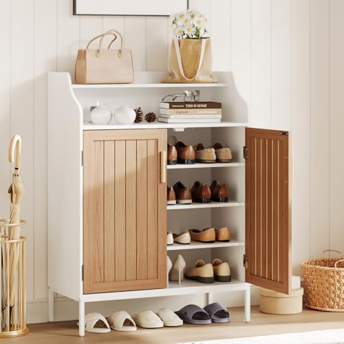 Modern Shoe Storage Cabinet with 4-Tier & 3 Adjustable Shelves | Slim Design, Enclosed Doors, Sturdy MDF, Anti-Tip Kit - color: White + Brown