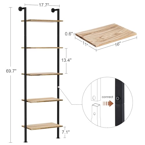 Acovy 5-Tier Bookshelf Solid Wood Ladder Shelf, Narrow Book Shelf Display Shelf, Wooden Bookcase, Wall Mount Ladder Shelf, Storage Rack for Living Room, Bedroom, Industrial Style, Rustic Brown - color: Rustic Brown
