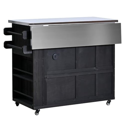 Outdoor Solid Wood Kitchen Island with Storage, 28" Extendable Stainless Steel Top Grill Cart, Rolling BBQ Prep Station with Drawers, Spice Rack, Towel Rack for Backyard, Patio, Camping - color: Black