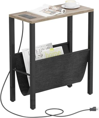Narrow End Table with Charging Station, Slim Sofa Side Table with USB Ports & Outlet, Narrow Nightstand with Storage Bag, Small Side Table for Small Spaces, Living Room, Bedroom, Greige - color: Greige