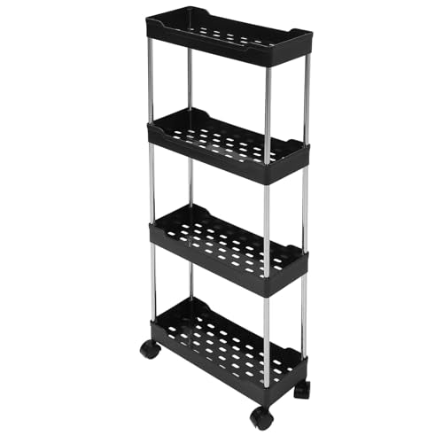 4 Tier Slim Storage Cart, Rolling Utility Cart with 4 Easy Glide Wheels and Side Hooks for Kitchen Bathroom Laundry Room Office Narrow Spaces (Black) - color: Black