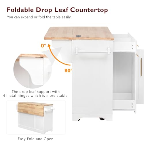 60" Kitchen Island with Trash Can Storage Cabinet and Power Outlet | Rolling Kitchen Cart on Wheels with Rubber Wood Drop Leaf Top, Spice Rack, Towel Rack and Adjustable Shelf, White - color: White
