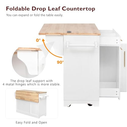 60" Kitchen Island with Trash Can Storage Cabinet and Power Outlet | Rolling Kitchen Cart on Wheels with Rubber Wood Drop Leaf Top, Spice Rack, Towel Rack and Adjustable Shelf, White - color: White