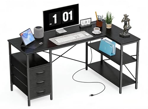 Alpen L Shaped Computer Desk, 47 Inch Corner Desk with Drawers and Power Outlets, Home Office Desk for Gaming, Study Writing PC Table with Storage and Reversible Shelf, Black - color: Black, size: 47 Inches