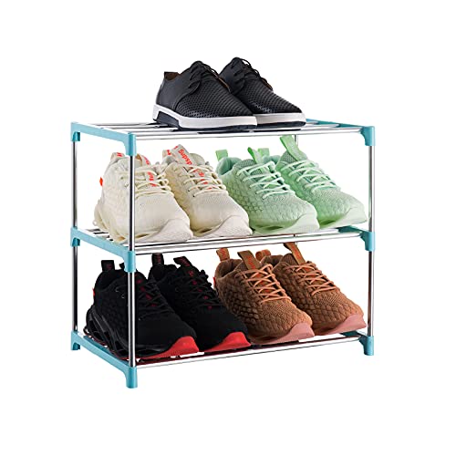 3-Tier Stackable Small Shoe Rack, Lightweight Shoe Shelf Storage Organizer | [Blue] [For Entryway, Hallway and Closet] - color: Blue, size: 3-Tier
