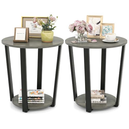 Giantex Round End Table, 2-Tier Side Sofa Table with Open Storage Shelf and Metal Frame, Industrial Nightstand Bedside Table for Living Room, Bedroom, Small Space, Accent Furniture (2, Oak) - color: Oak